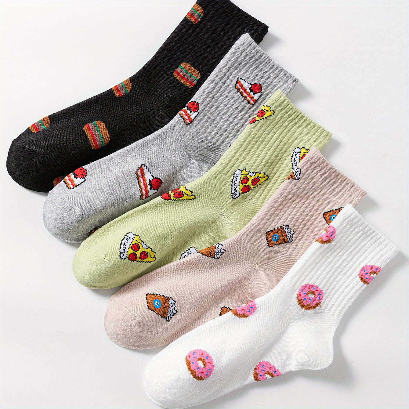 5 Pairs Cartoon Food Print Socks Comfy & Crew Socks Women's Stockings