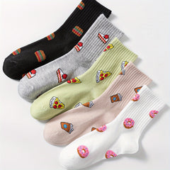 5 Pairs Cartoon Food Print Socks Comfy & Crew Socks Women's Stockings