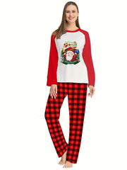 Christmas Print Lounge Set Long Sleeve Crew Neck Top & Plaid Pants