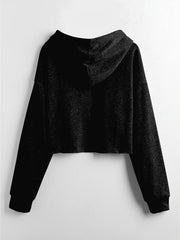 Solid Drawstring Crop Hoodie Long Sleeve Sweatshirt Women's Clothing