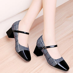 Women's Chunky Heel Buckle Strap Square Toe Shoes