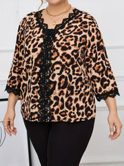 Leopard Print Lace Trim V Neck Blouse