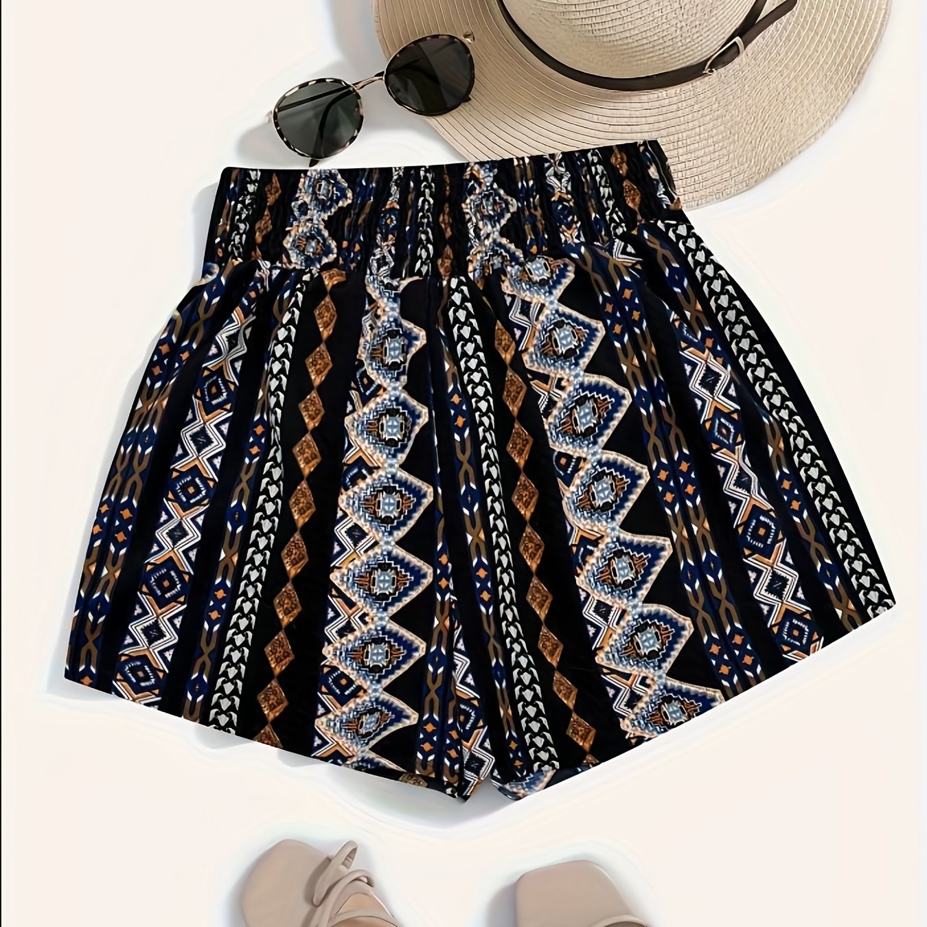 Boho Shorts Women's Plus Tribal Print Elastic Waist Wide Leg Vacay Sho
