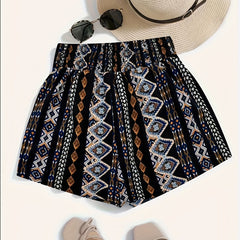 Boho Shorts Women's Plus Tribal Print Elastic Waist Wide Leg Vacay Sho
