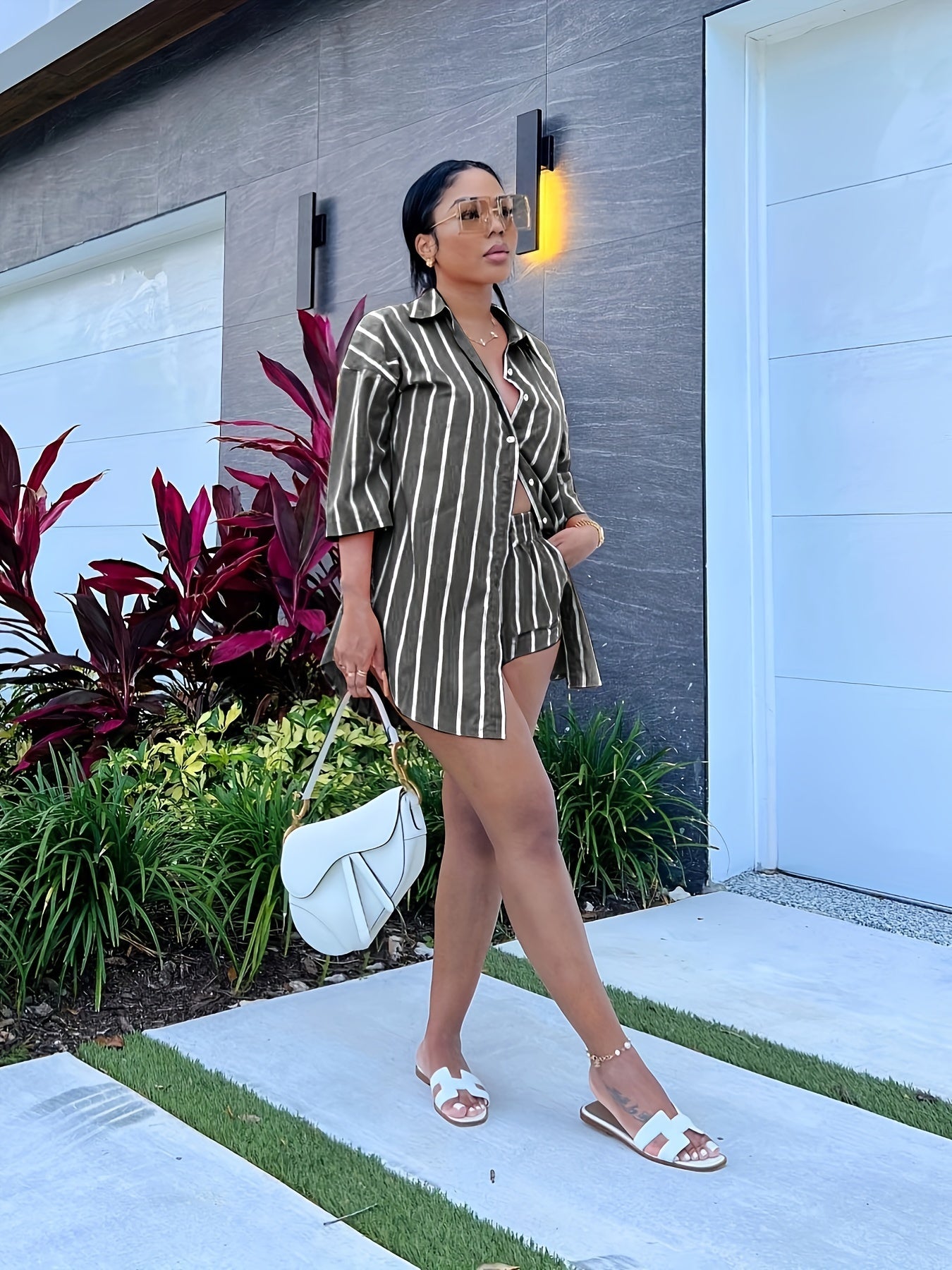 Striped Print Two piece Set Button Front Shirt & Shorts
