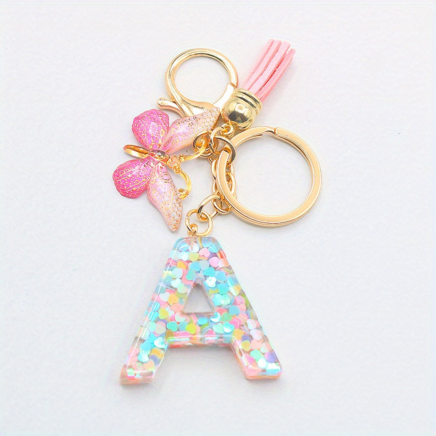 Initial Letter Keychain Butterfly Shape Pendant with Tassel Bag Ornament