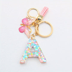 Initial Letter Keychain Butterfly Shape Pendant with Tassel Bag Ornament