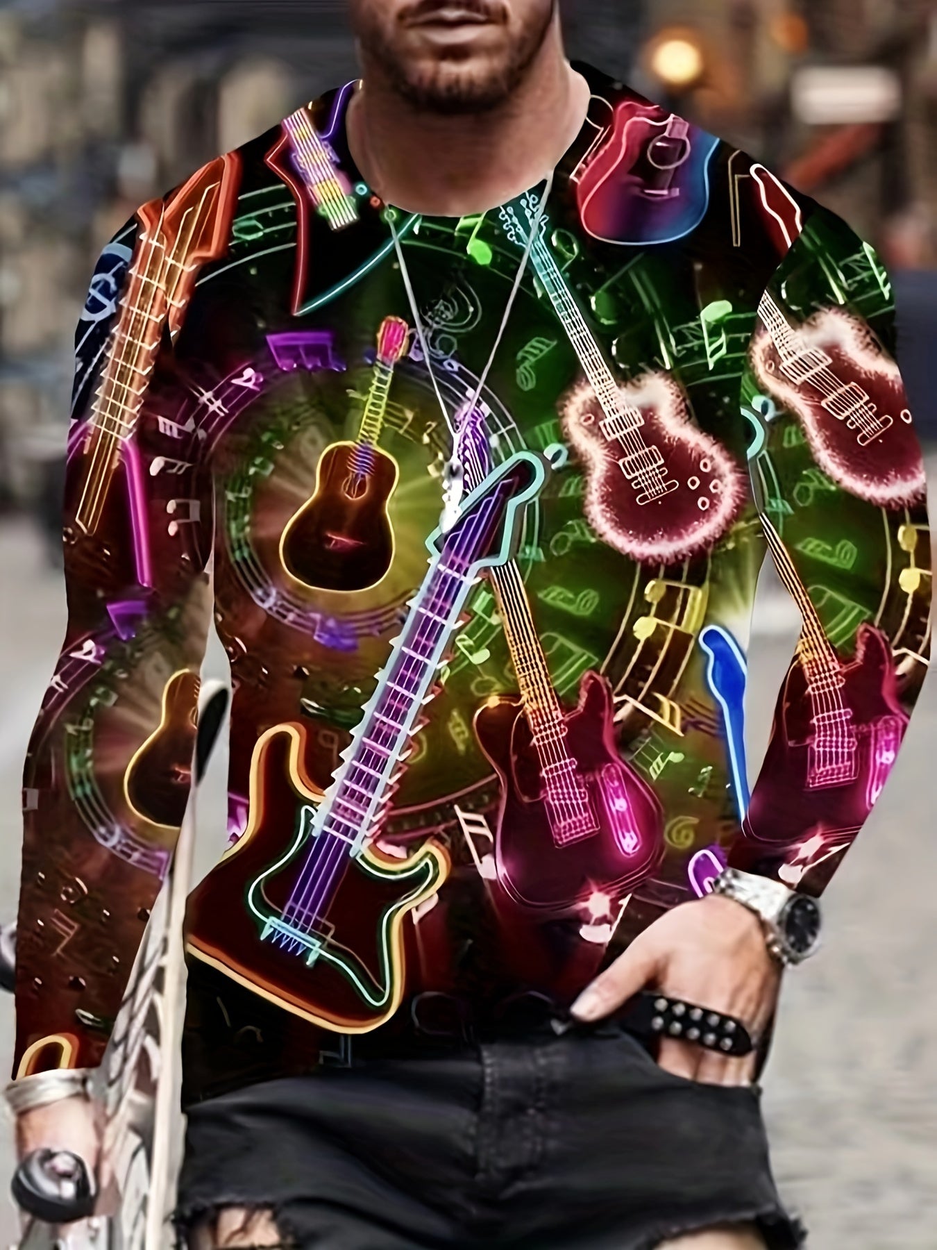 3D Print Guitar Men's Long Sleeve T-shirt for Autumn