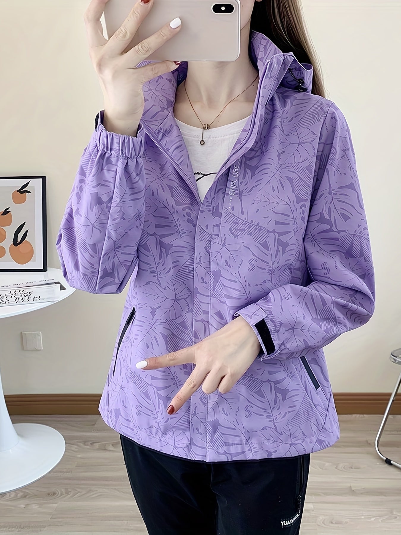 Leaf Print Outdoor Jacket With Removable Hood Women's Windproof