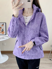 Leaf Print Outdoor Jacket With Removable Hood Women's Windproof