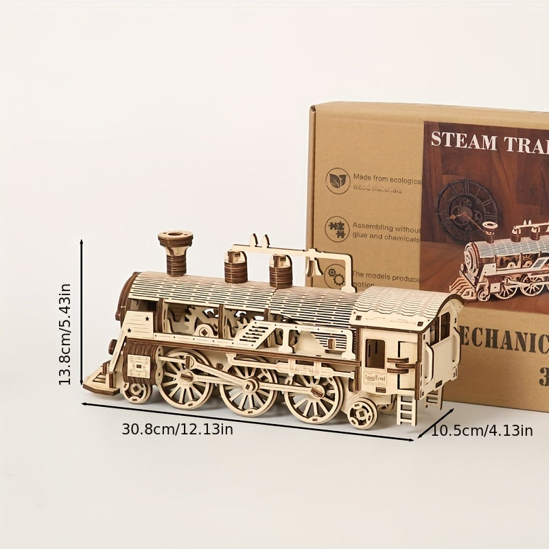 Arrival Gear Steam Train Wood Puzzle Model 3D Assembly Adult Decompression Toy