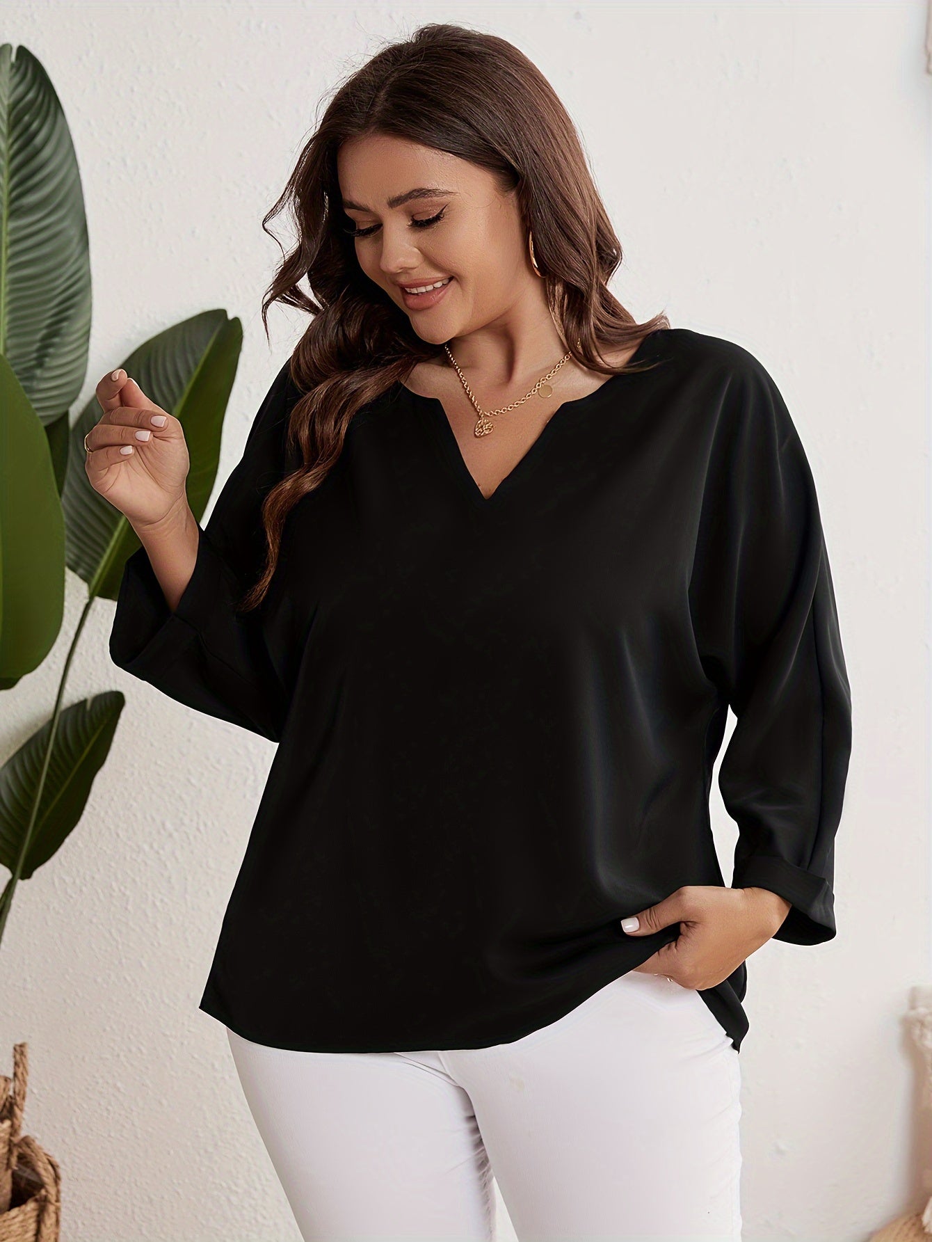 Solid Batwing Sleeve Casual Blouse Loose Fit Top