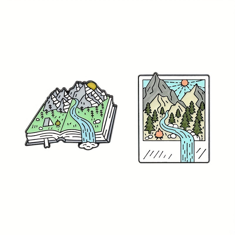 Cartoon Hiking Scenery Brooch Mountain River Book Style Pin