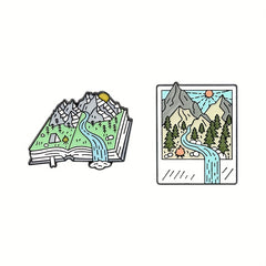 Cartoon Hiking Scenery Brooch Mountain River Book Style Pin