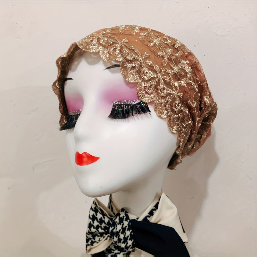 Vintage Embroidered Lace Turban Cap Double Layer Head Wrap
