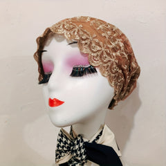 Vintage Embroidered Lace Turban Cap Double Layer Head Wrap