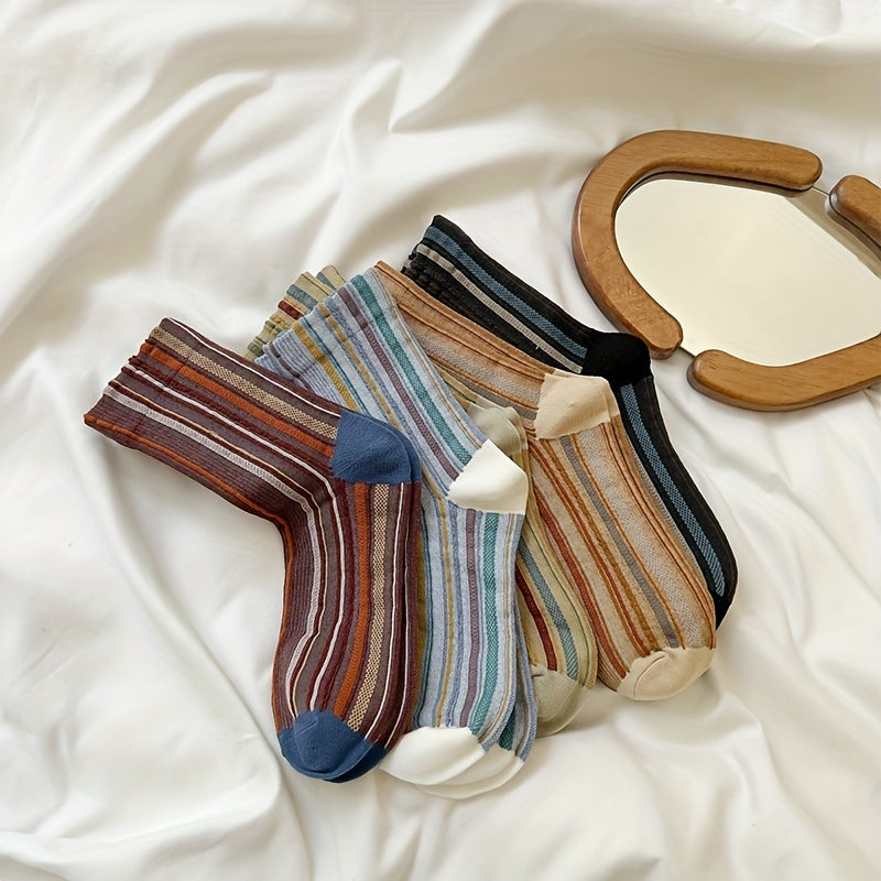 5 Pairs Colorblock Striped Socks, Retro Style Stockings