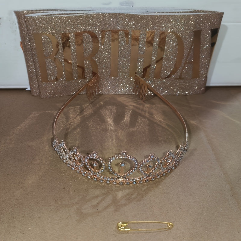 Bling Rhinestone Crystal Crown Tiara Happy Birthday Satin Sash Party Supplies