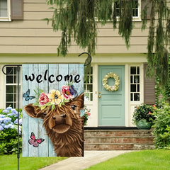 Welcome Highland Cow Garden Flag Burlap Rustic Farmhouse Highland Cow