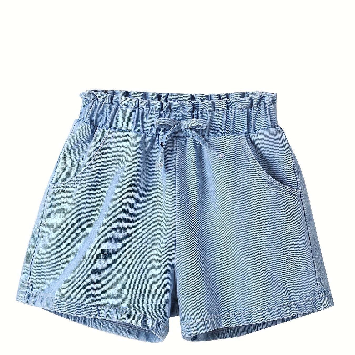 Girls Casual Bow Pockets Frill Trim Denim Shorts Kids Summer Clothes
