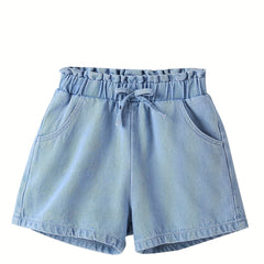 Girls Casual Bow Pockets Frill Trim Denim Shorts Kids Summer Clothes