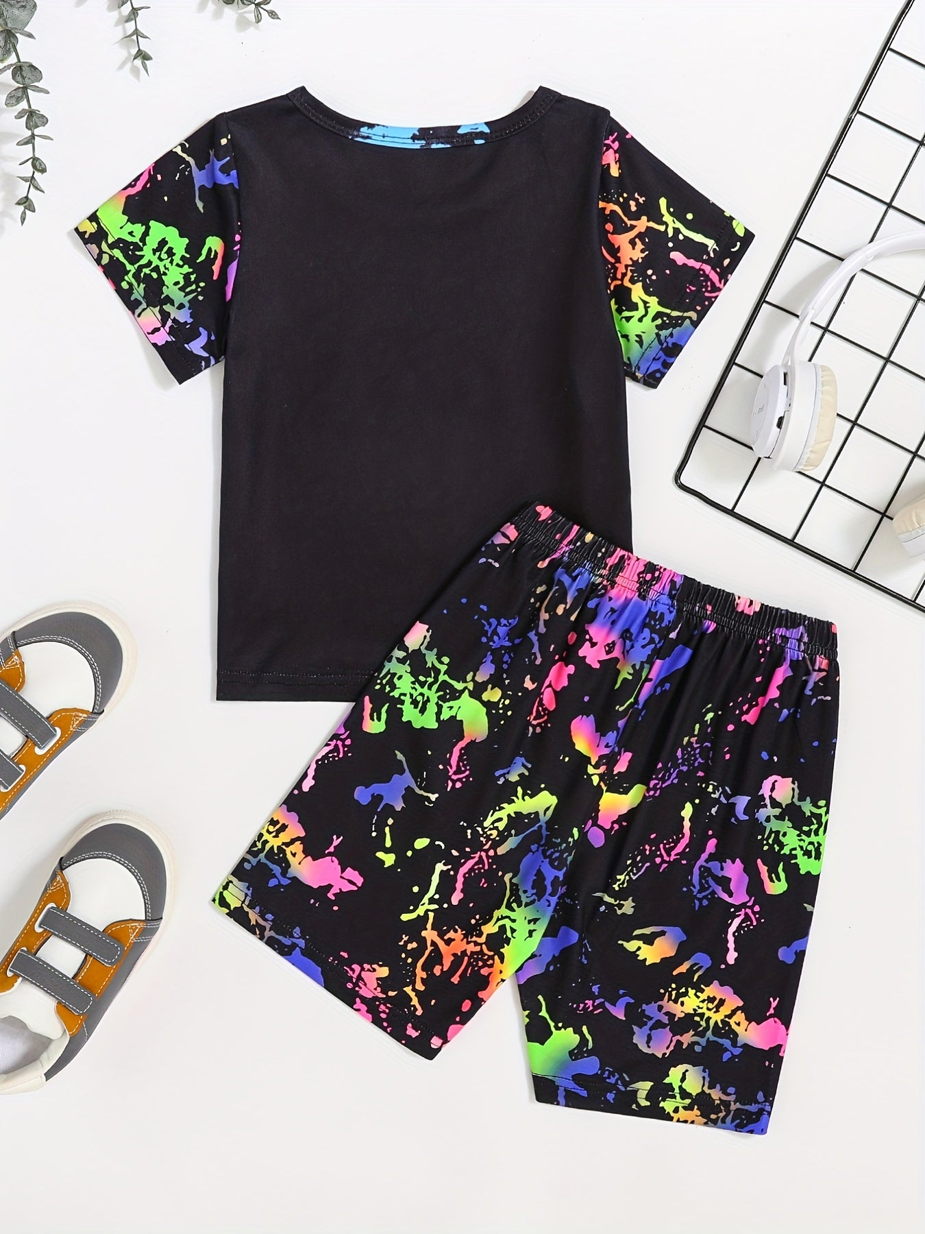Boys Luminous Graffiti Short Sleeve T shirt&Shorts Set
