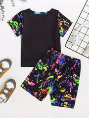 Boys Luminous Graffiti Short Sleeve T shirt&Shorts Set