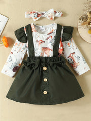 3PCS Baby Floral Print Romper & Suspender Dress Set