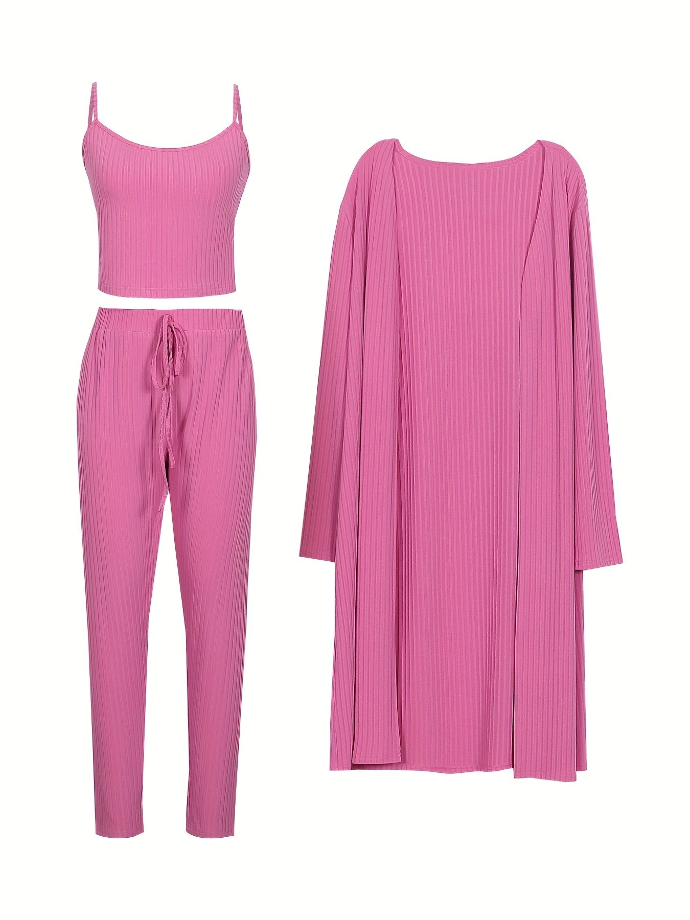 Solid 3-Piece Set: Cardigan, Cami Top & Pants
