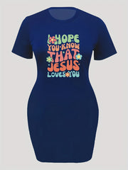 Women's Slogan & Floral Print Short Sleeve Round Neck Dress