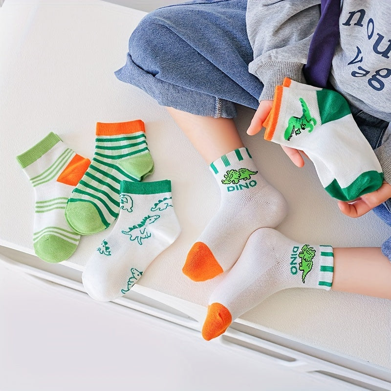5 Pairs Boys Dino Print Crew Socks Thin Breathable Striped Casual Knit Socks