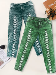 Girls 3D Denim Printed Leggings with Lace Up Design