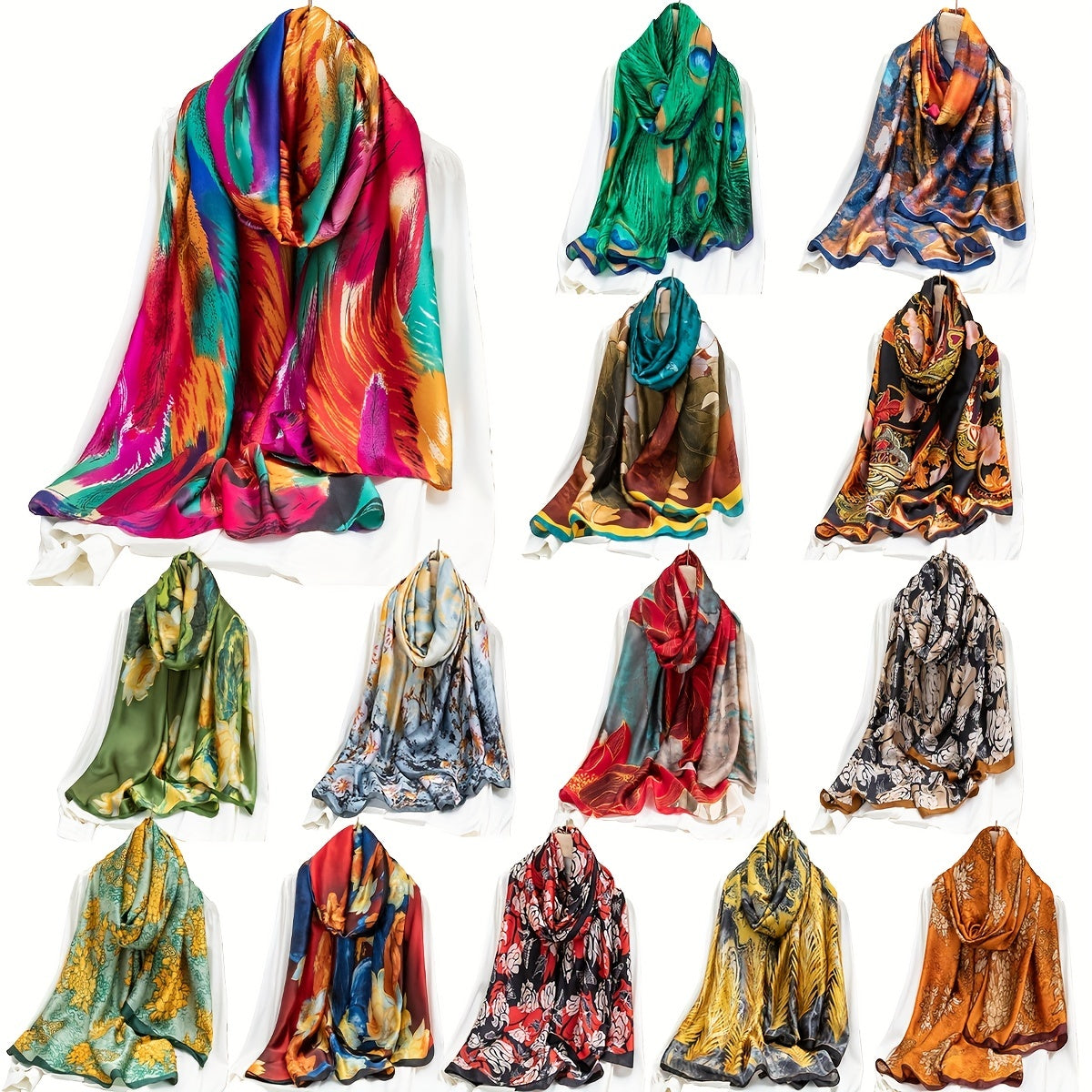 Women Colorful Feathers Print Oblong Scarf Multicolored Head Wrap Silky Shawl