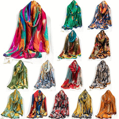 Women Colorful Feathers Print Oblong Scarf Multicolored Head Wrap Silky Shawl