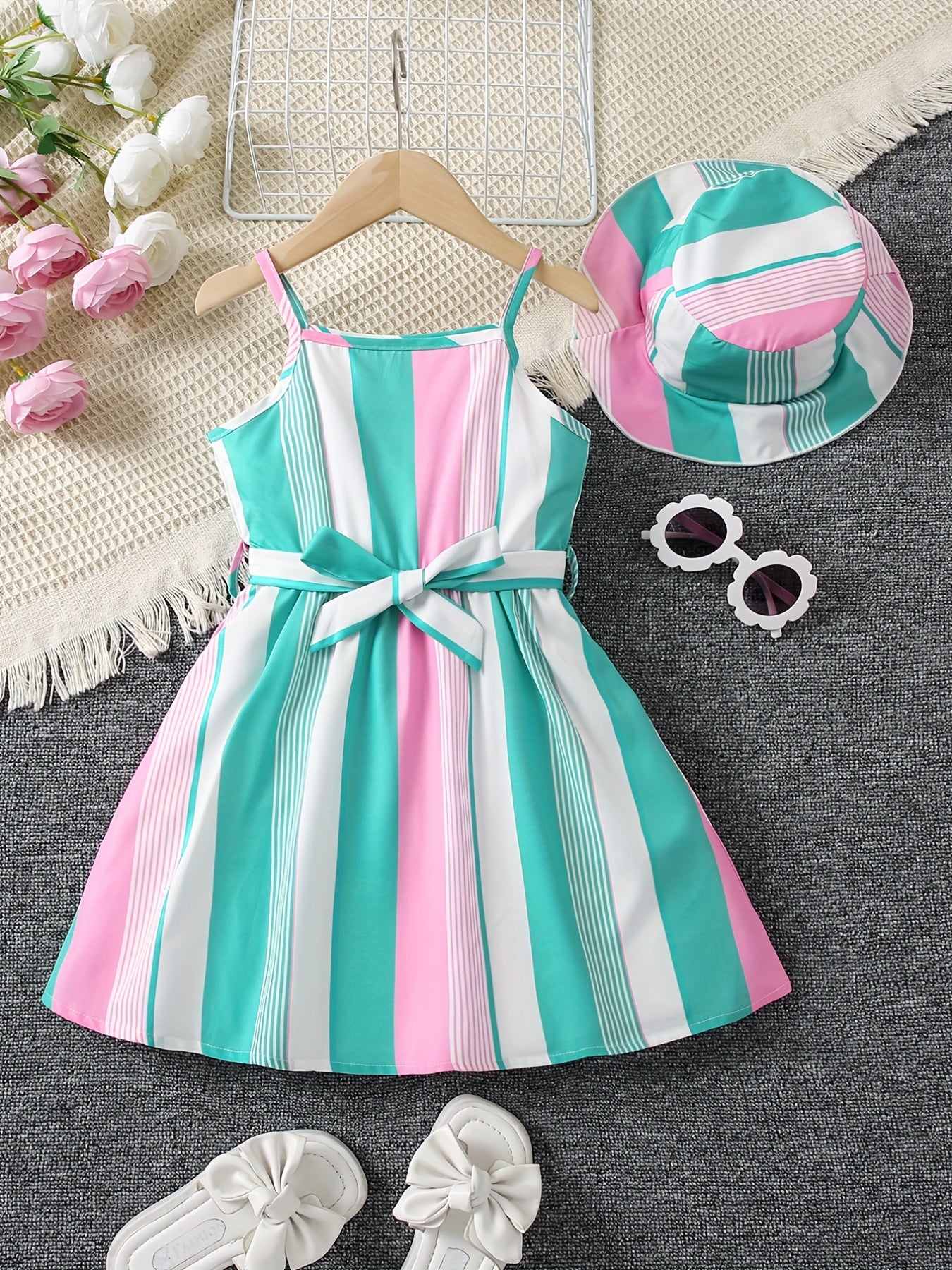 2pcs Toddler Girls Rainbow Stripe Cami Dress & Hat Set for Summer