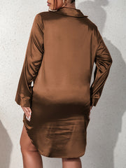 Satin V-Neck Long Sleeve Wrap Midi Dress