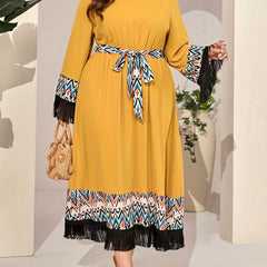 Colorblock Geo Print Fringe Trim Maxi Dress