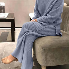 Solid Two-piece Set Sweater & Wide Leg Pants
