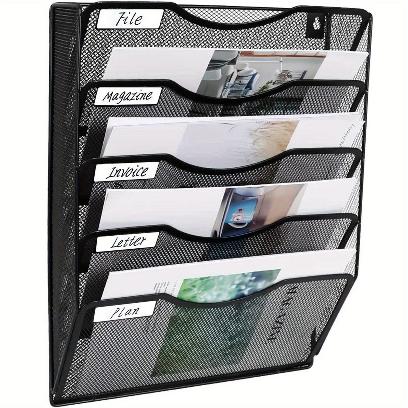 Wall Mounted File Holder with 5 Pockets, Name Tag Label Included