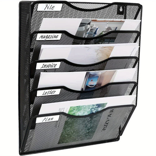 Wall Mounted File Holder with 5 Pockets, Name Tag Label Included