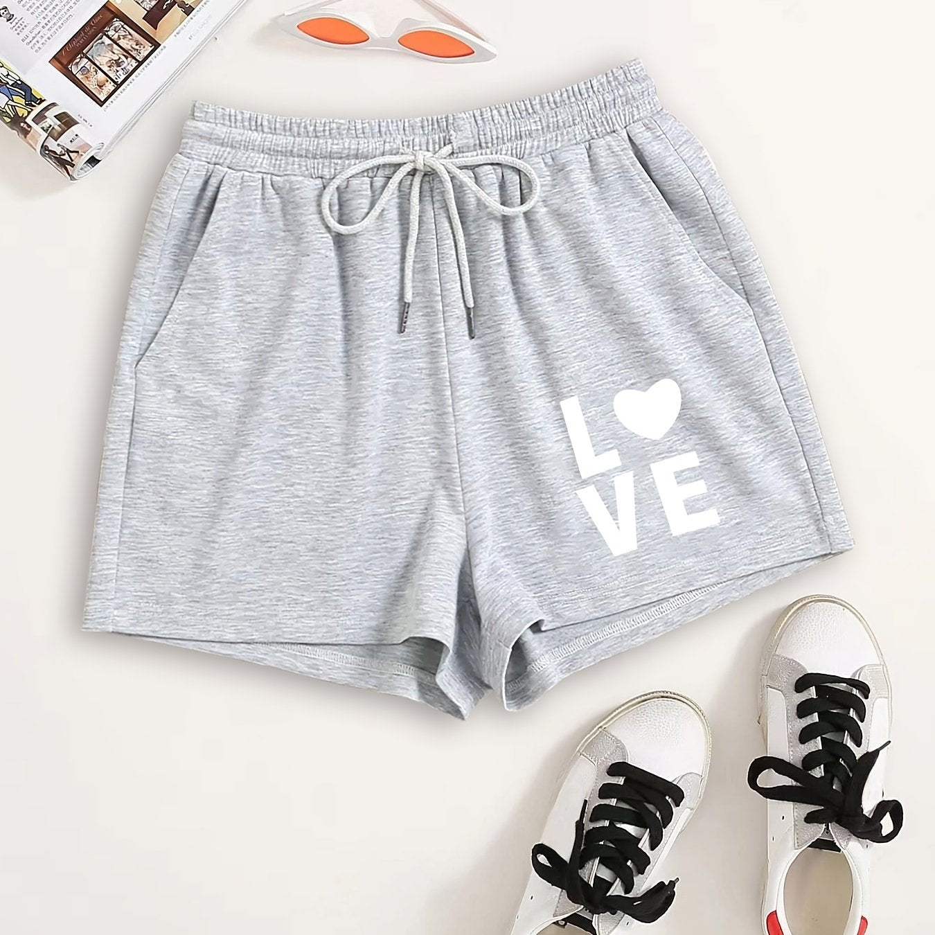 Love Print Hotpants Workout Yoga Drawstring Waist Casual Shorts