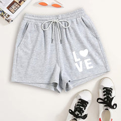 Love Print Hotpants Workout Yoga Drawstring Waist Casual Shorts