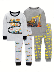 Kid's Cotton Pajamas Long Sleeve Top & Pants Set Engineering Vehicle Print