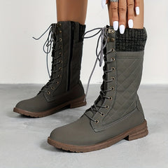 Women's Quilted Mid Calf Boots Lace Up & Side Zipper Round Toe Shoes