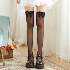 Bow Decor Thigh High Stockings Mesh Over The Knee Socks Women's Stockings