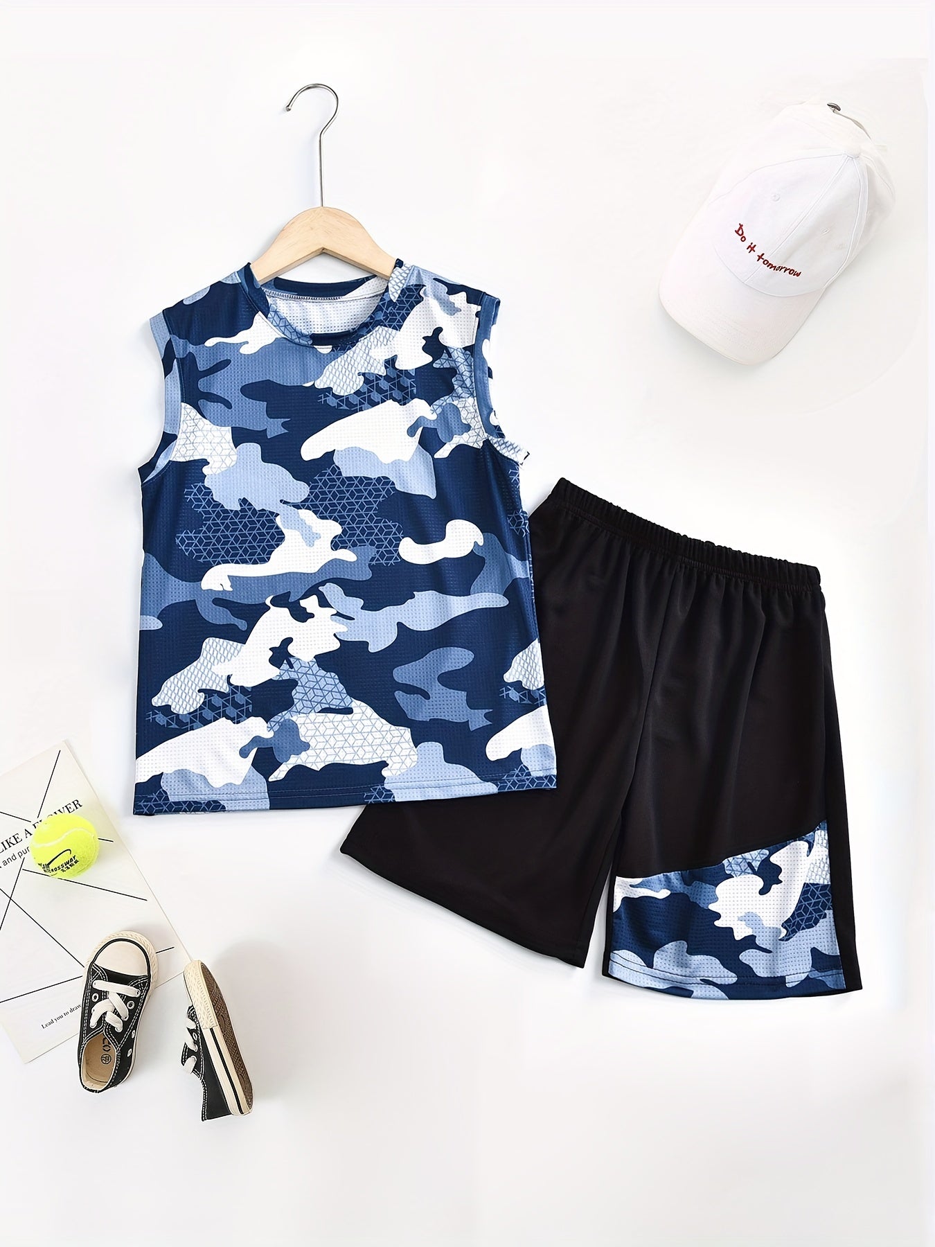 2pcs Camo Boys Sleeveless Tank Tops&Shorts Set Crew Neck Fitness Vest&Shorts