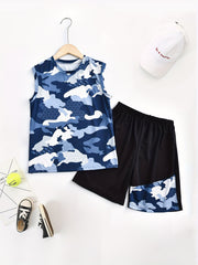 2pcs Camo Boys Sleeveless Tank Tops&Shorts Set Crew Neck Fitness Vest&Shorts