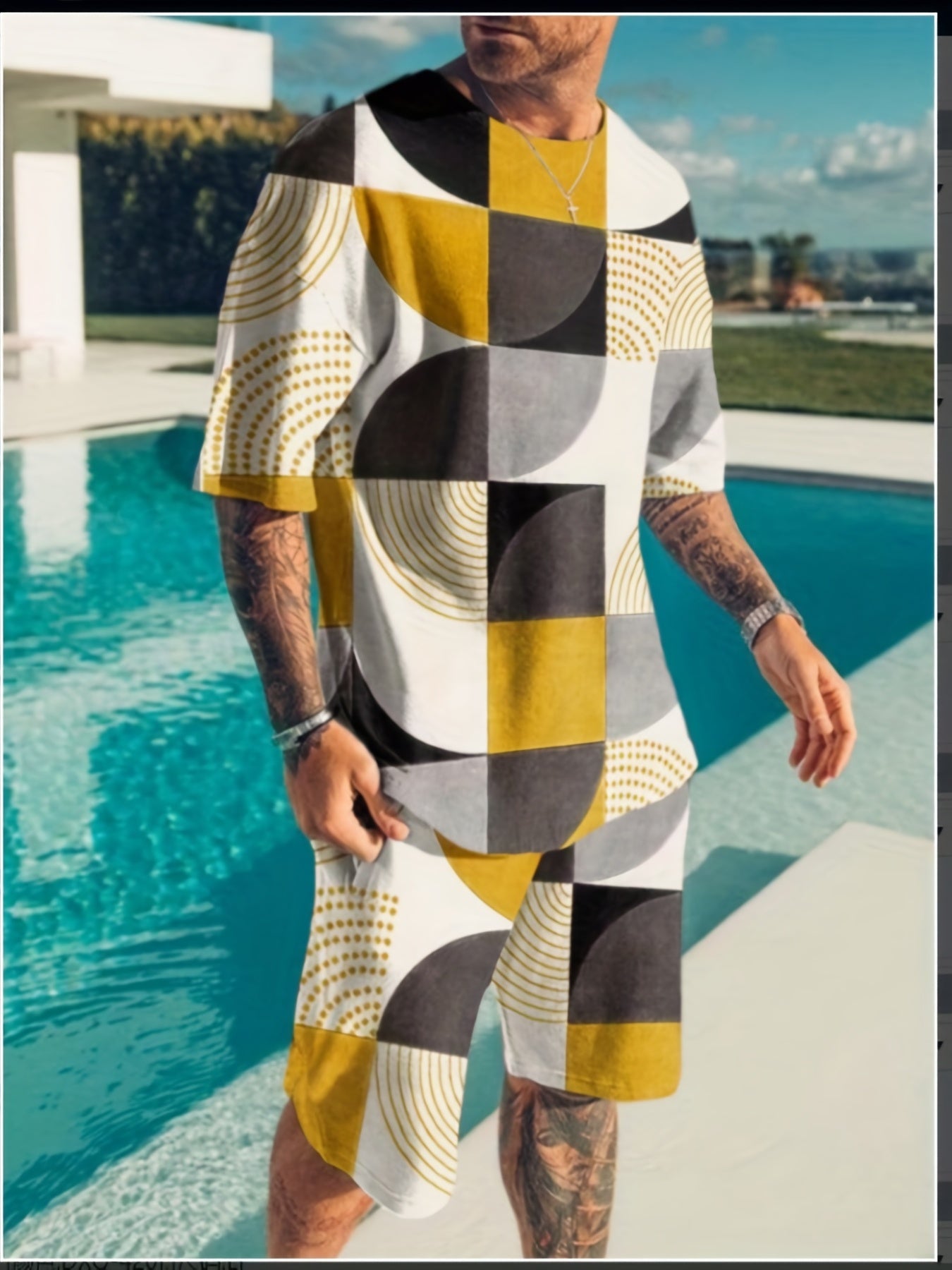 Geometric Print Men's 2Pcs Outfit Short Sleeve T-Shirt & Shorts Set