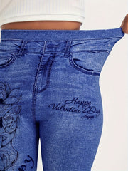Denim Butterfly Print High Rise Leggings
