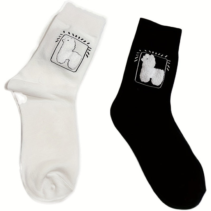 2 Pairs Alpaca Print Socks Comfy Mid Tube Women's Stockings